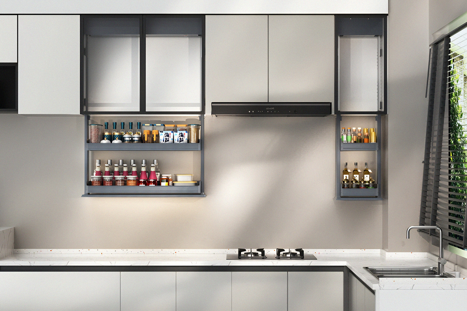 Полки полностью опускаются на уровень глаз, что делает верхние части шкафов практичнее. Источник: sz-tslz.com