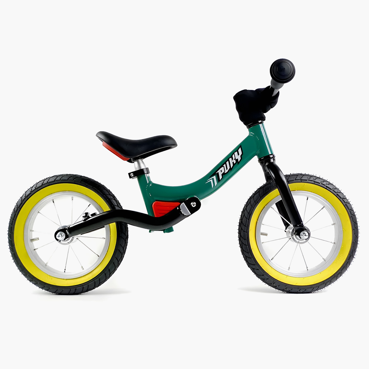 На беговеле Puky Ride черная вилка заднего колеса просто прикручена к зеленой раме. Между ними расположен красный эластомер. Источник: ozon.ru