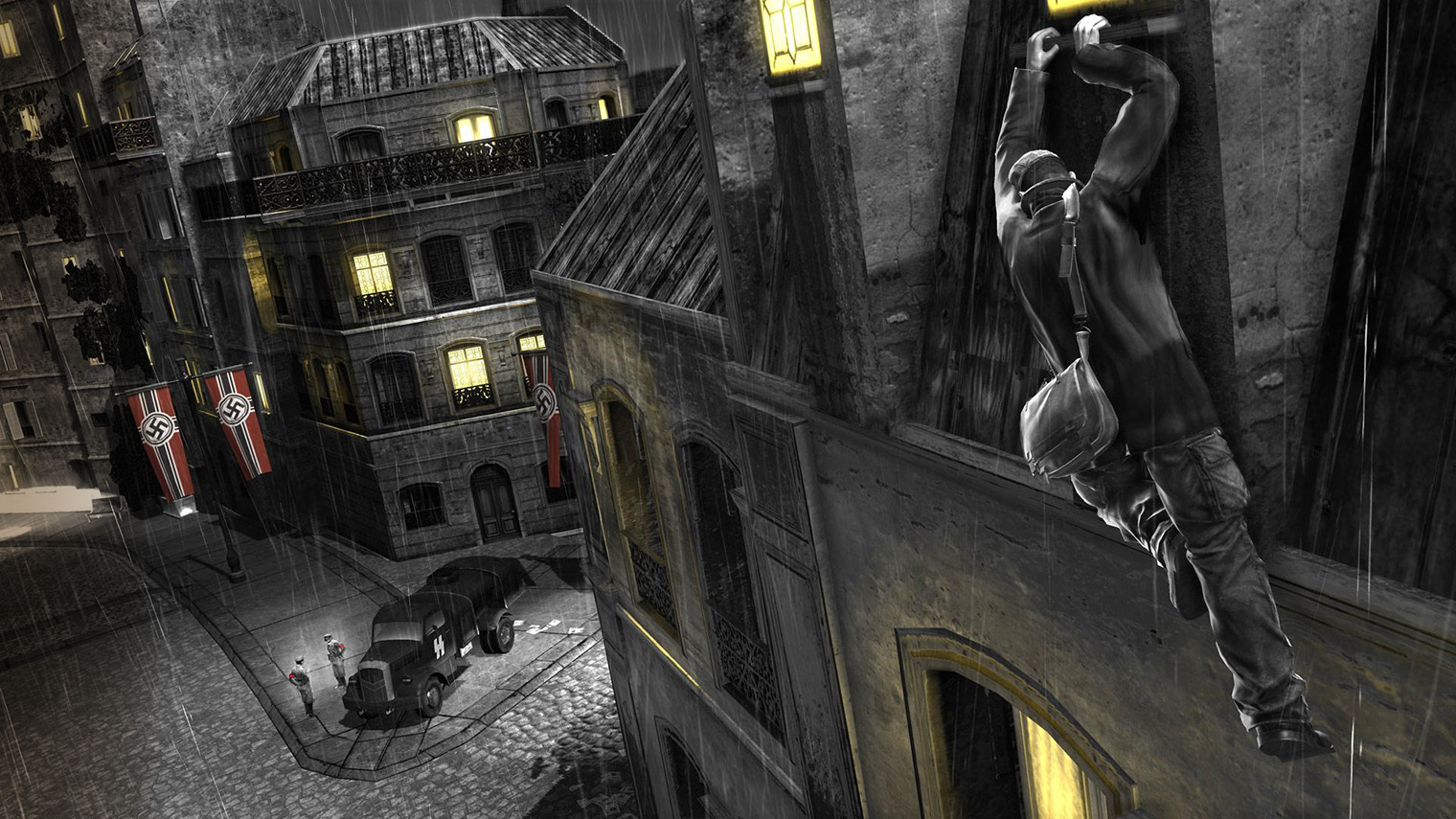 Черно-белый фильтр делает The Saboteur стильной и заодно скрывает ее графические огрехи. Как ни иронично, но в освобожденных районах глазу не за что зацепиться, поэтому хочется поскорее вернуться на вражескую территорию и продолжить борьбу. Кадр: Pandemic Studios