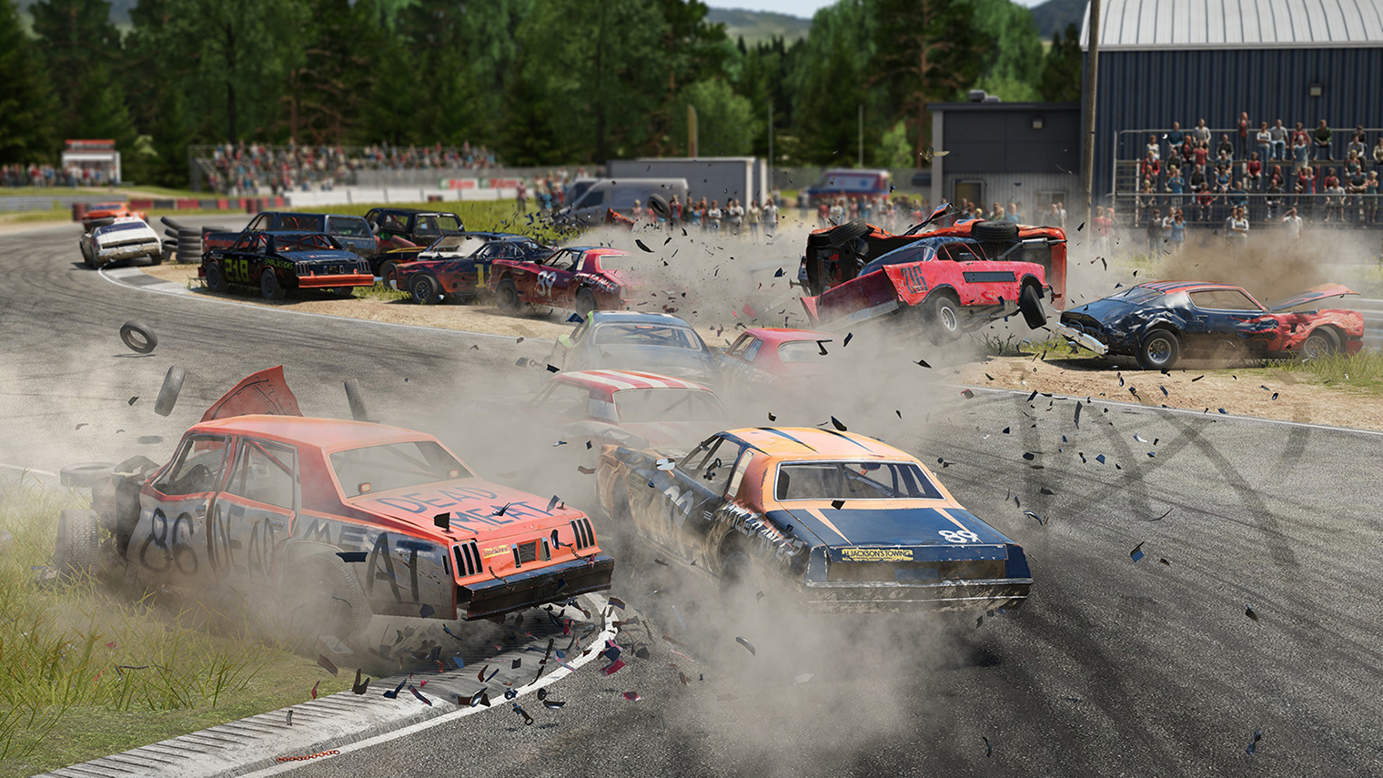 Обычная гонка в Wreckfest: все едут кучно, задевают друг друга, кругом разлетаются обломки и пыль. Кадр: Bugbear Entertainment