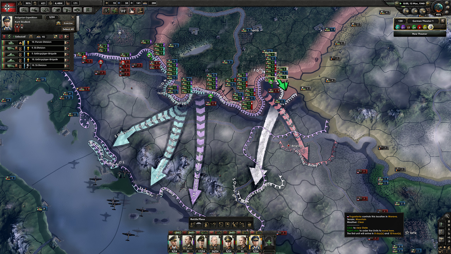 В четвертой Hearts of Iron управление большинством дивизий можно отдать ИИ, а самому сосредоточиться на основных участках фронта. Это гораздо лучше, чем ад микроконтроля из третьей части. Кадр: Paradox Interactive