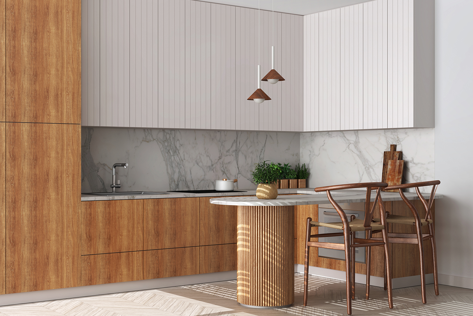 А это кухня с уклоном в японский стиль: помещение насытили деревянными элементами и более сложными текстурами на полу и мебели. Фотография: ArchiViz / iStock