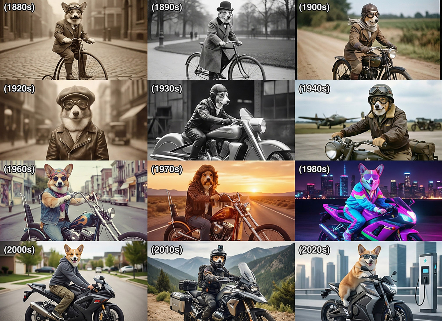 Корги на мотоцикле в разные эпохи
