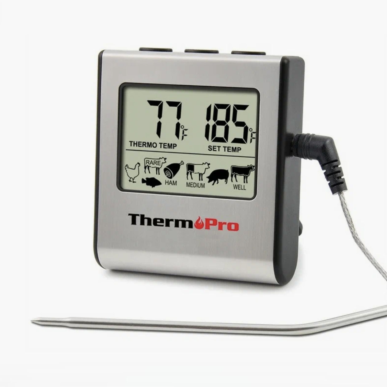 Thermopro TP-16 за 1478 ₽ умеет заводить таймер, ставить будильник и устанавливать температуру приготовления пищи, а также имеет несколько встроенных режимов. Источник: ozon.ru