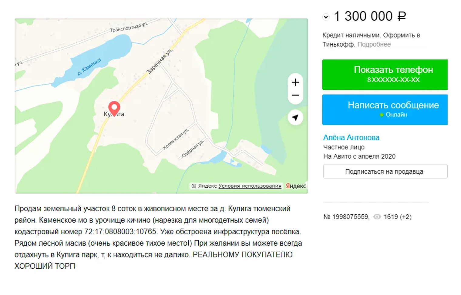 Земельный участок в селе Кулига. © avito.ru
