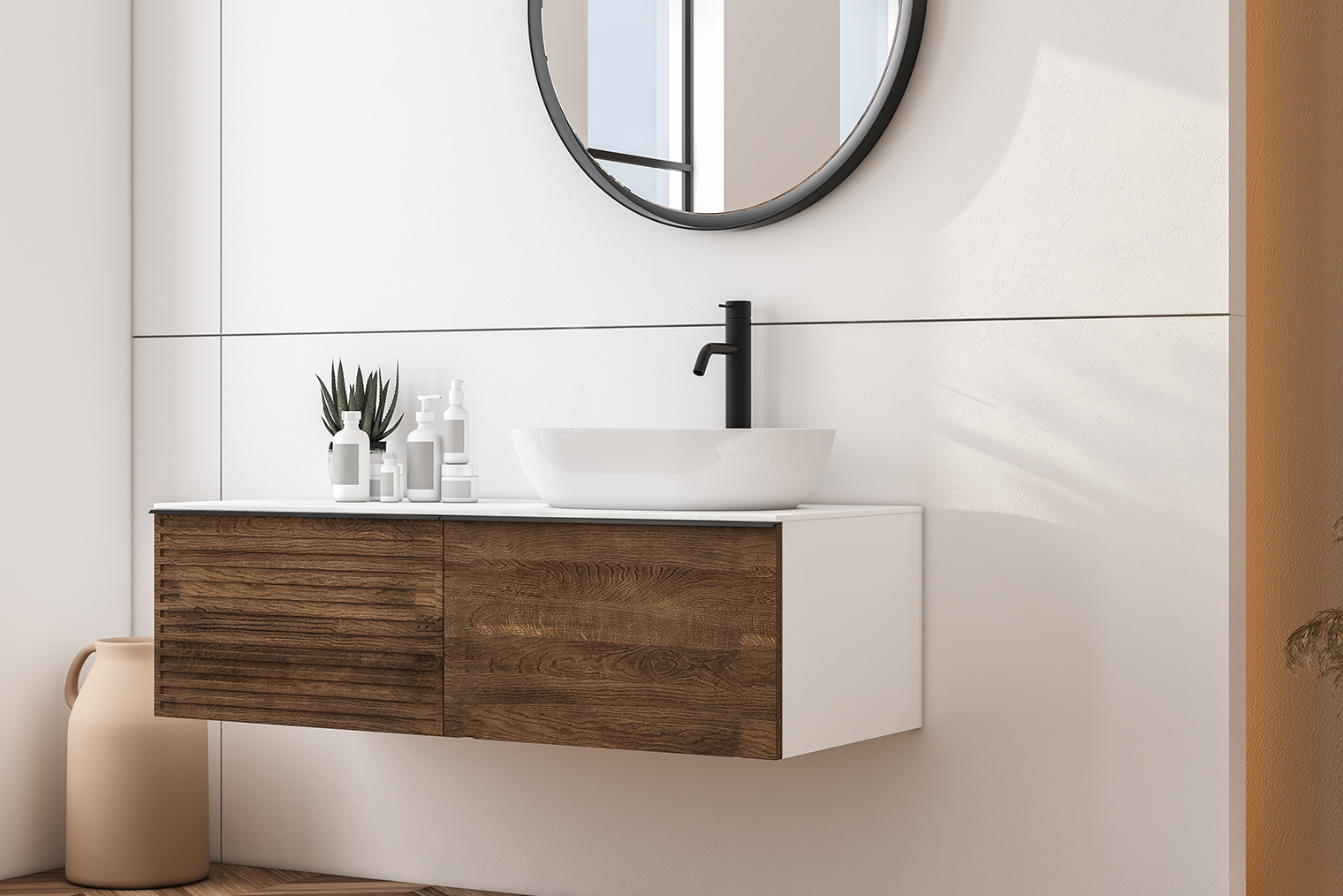 В ванной используют те же принципы: матовые и натуральные поверхности, удобство уборки. Смесители и рамы часто черные, и это добавляет графичности. Фотография: Suleyman Ozkan / iStock