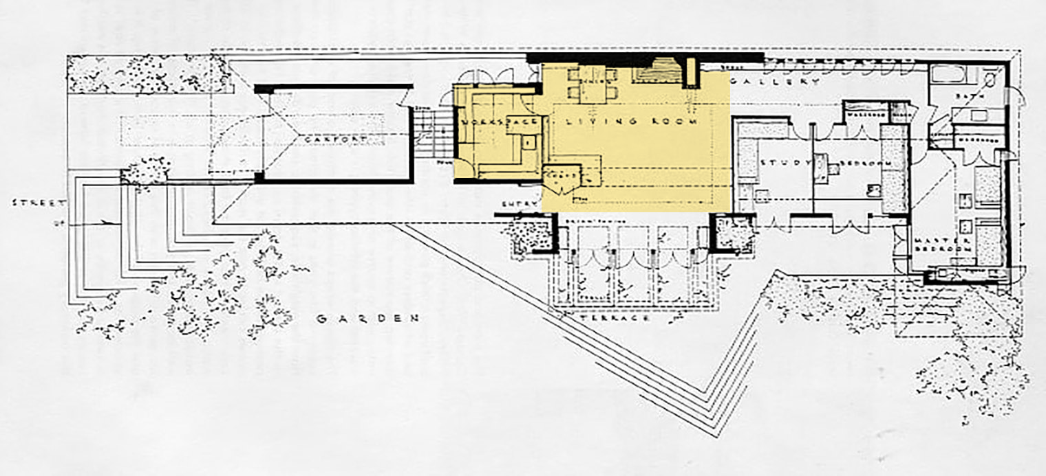 Архитектурный план Райта для дома в Миннесоте. Цветом выделена кухня-гостиная. Подчеркивая социальный сдвиг, Райт назвал кухню рабочим пространством (workspace). Источник: franklloydwright.org