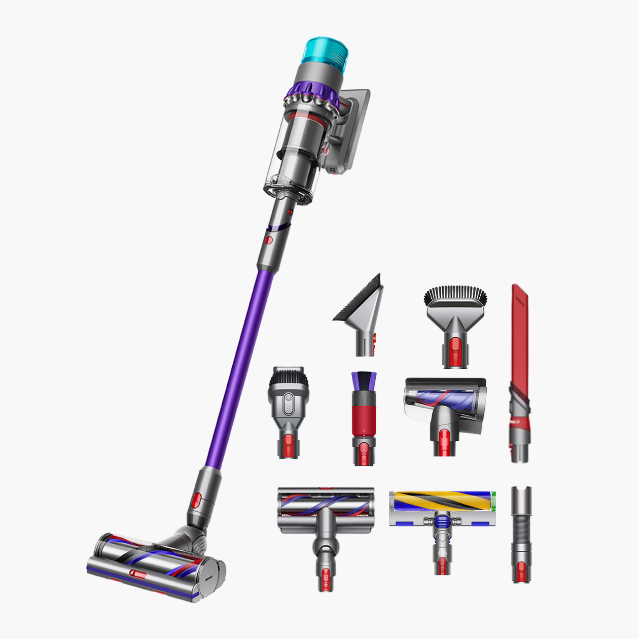 Dyson Gen5 в полной комплектации: турбощетки для твердых полов и ковров, щелевая насадка, несколько щеток, гибкий шланг, насадка для мебели и гибкое «колено»