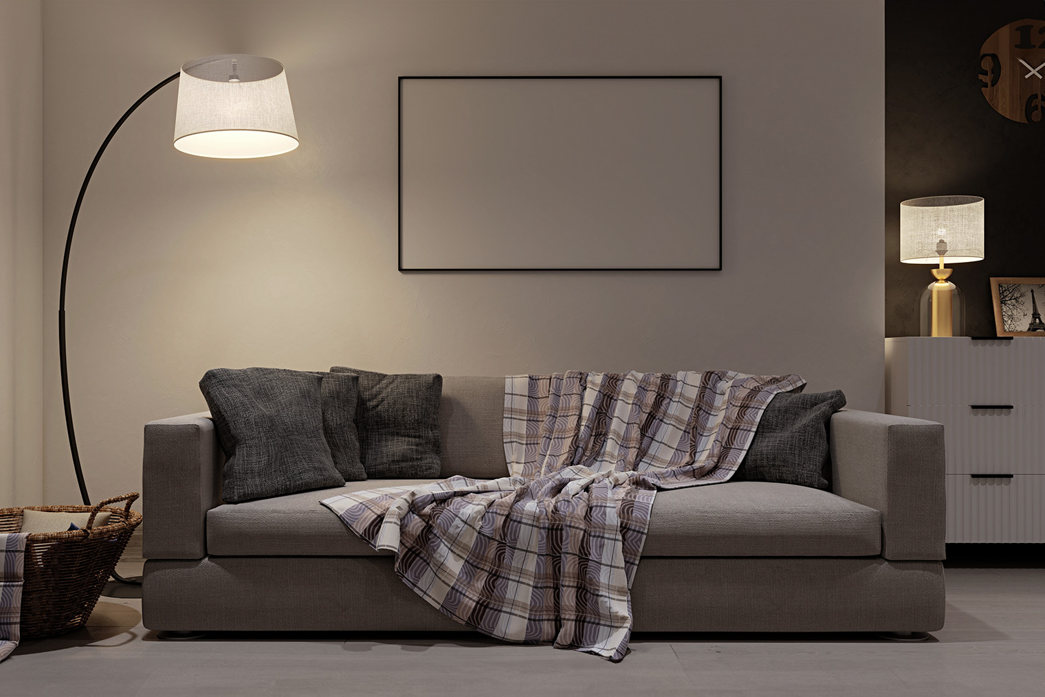 Торшер около дивана делает зону гостиной более уютной. Фотография: Edge Creative / Shutterstock / FOTODOM