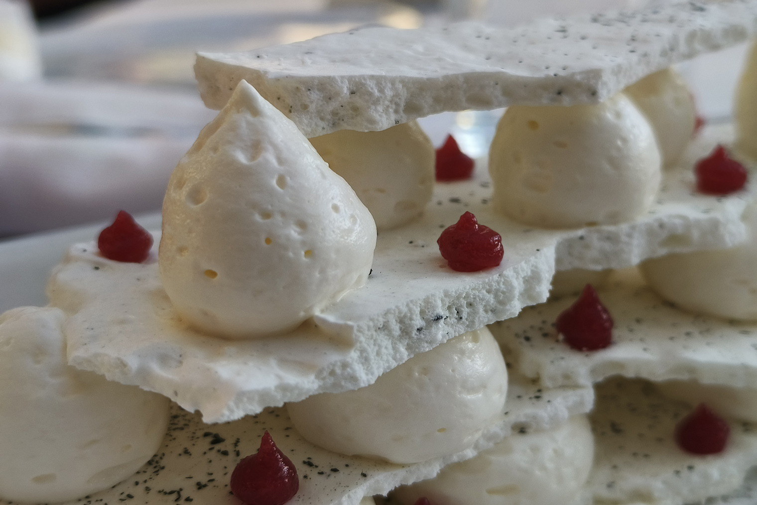 Этот десерт — знаменитая «Павлова», но необычной формы и с сахалинскими ягодами. Двукратный зум позволяет лучше рассмотреть текстуру пирожного