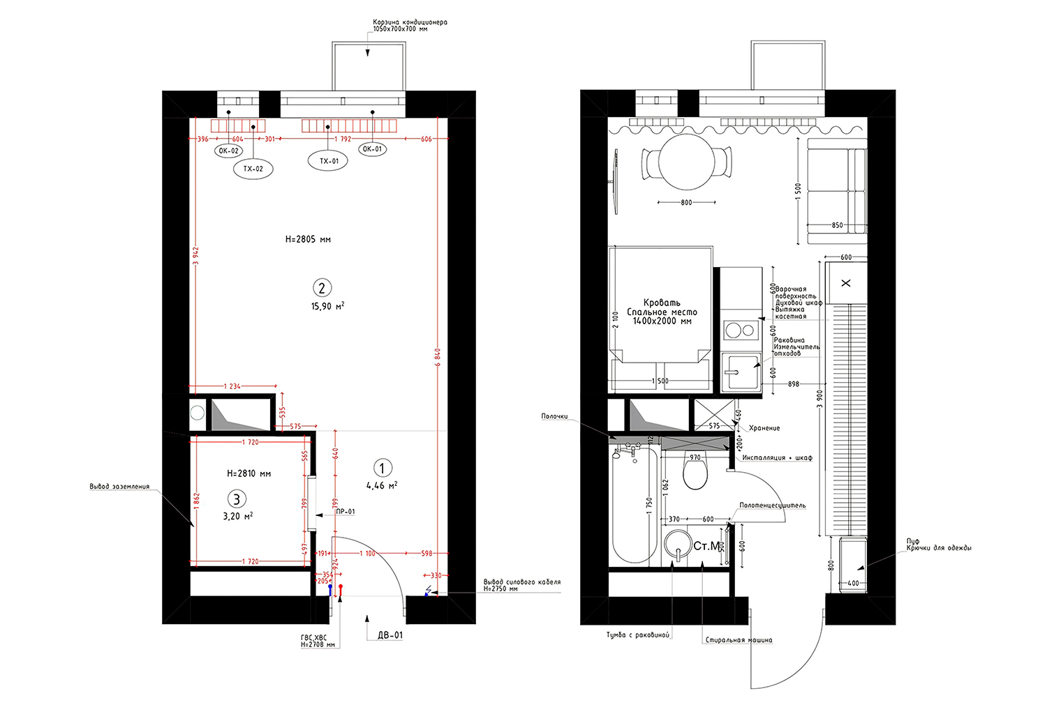 В этой квартире-студии 23,56 м² уместилось все что нужно: ванна вместо душевой кабины, кровать, кухонный уголок, большой шкаф для хранения. Спальная зона изолирована от кухонного гарнитура © saradiza.ru