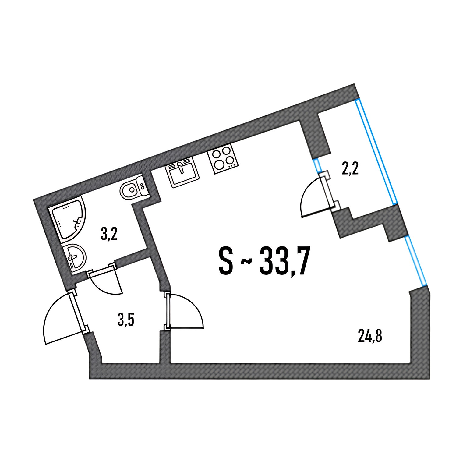 Студия кажется большой, но она максимально неудобная. В ванной нельзя поставить ванну, только душевую. В прихожей нет места под нормальный шкаф из-за кривой стены. В комнате непонятно, куда поставить кровать и как все это зонировать, — нужна консультация специалиста, а это будет стоить дополнительных денег