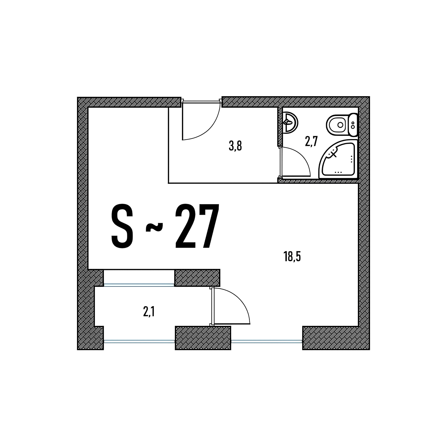 Если здесь достроить стену и отделить грязную зону прихожей, в нишу слева наверху впишется кровать, а рядом с ванной встанет кухонный гарнитур. Все портит дверь на балкон: она расположена в неудобном месте. Если бы там была стена, было бы гораздо комфортнее