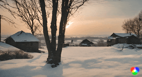 Зимняя деревушка с горизонтальным движением камеры слева направо. Получился эффект, будто мы видим эту деревню из окна медленно едущей машины