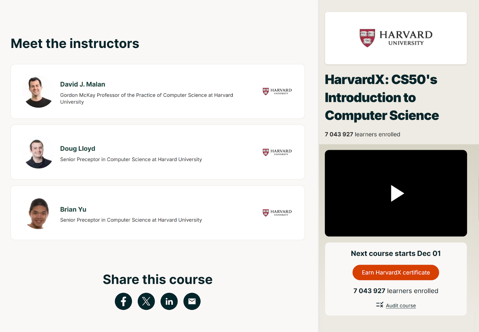 На курсе три спикера — все они преподаватели или наставники в обучении компьютерным наукам в Гарварде. Источник: edx.org