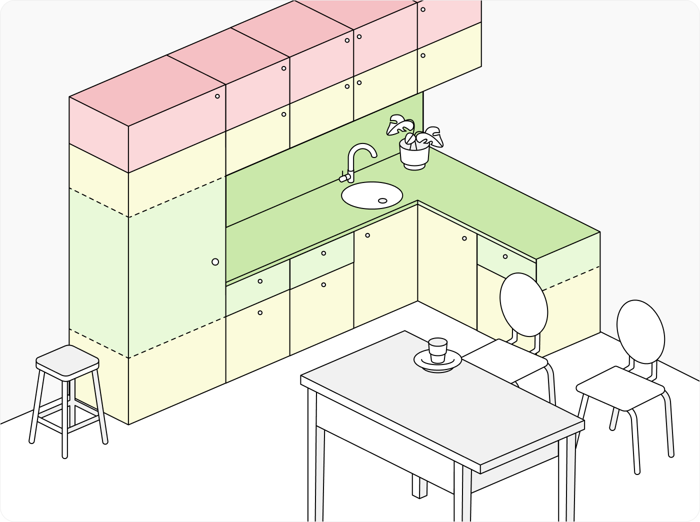 Кухня. Используем ящики гарнитура, в том числе у потолка. Есть открытое пространство на столешнице и около кухонного фартука