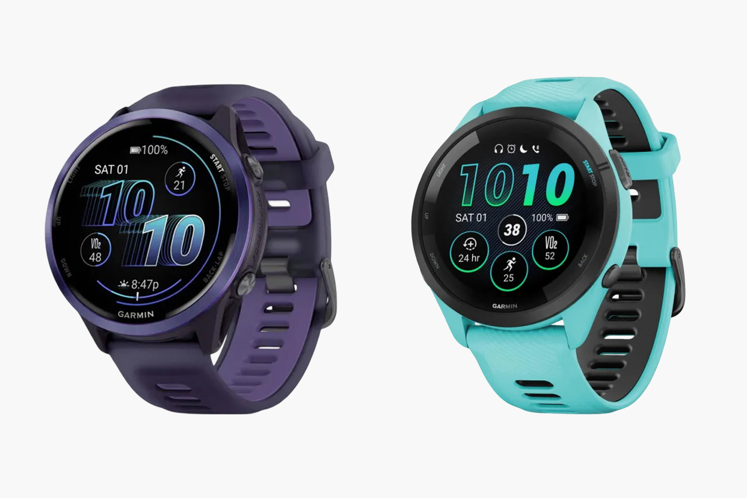Forerunner 570 (слева) и Forerunner 265 (справа). Главное отличие новых часов — алюминиевый безель вместо полимерного