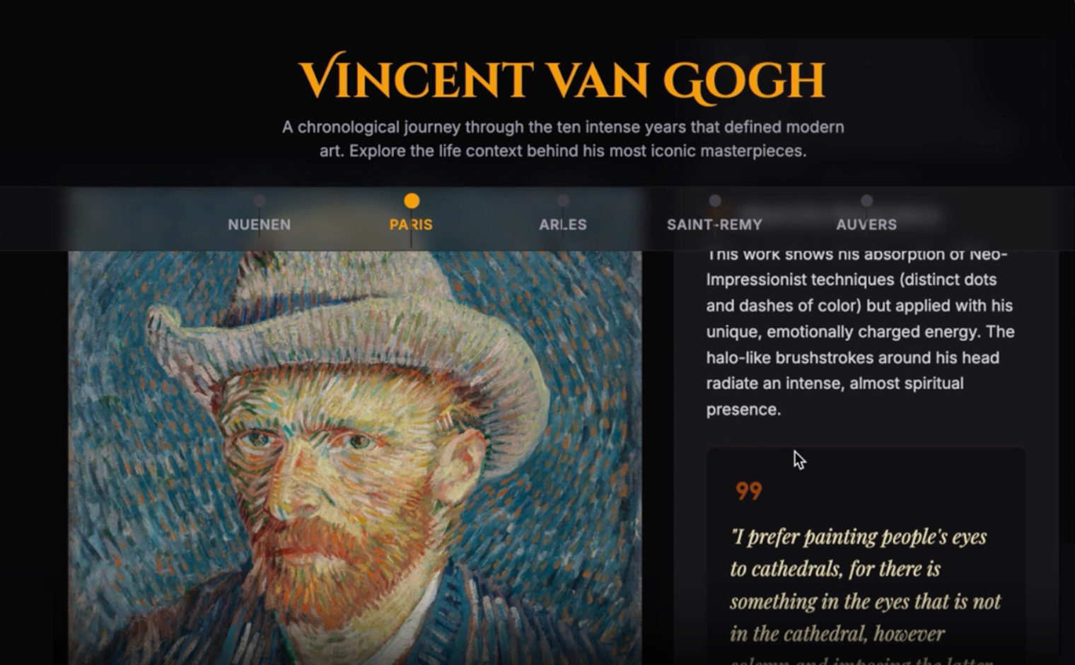 Gemini 3 Pro в ответ на запрос о жизни и творчестве Ван Гога создала «сайт» с отдельными страницами о биографии художника. Источник: blog.google