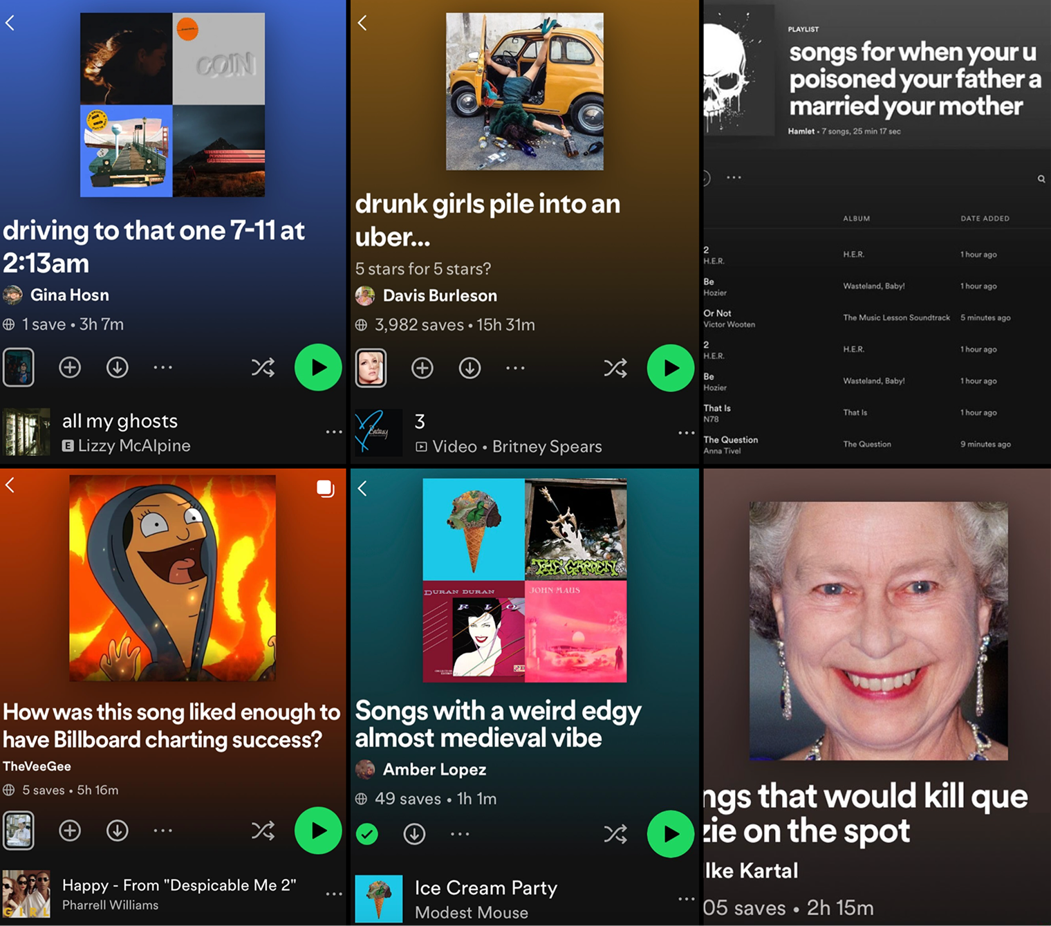 Spotify известен странными плейлистами, которые составляют обычные пользователи. Проект Oddly Specific Playlist собирает их в «Инстаграме»* и «Фейсбуке»*