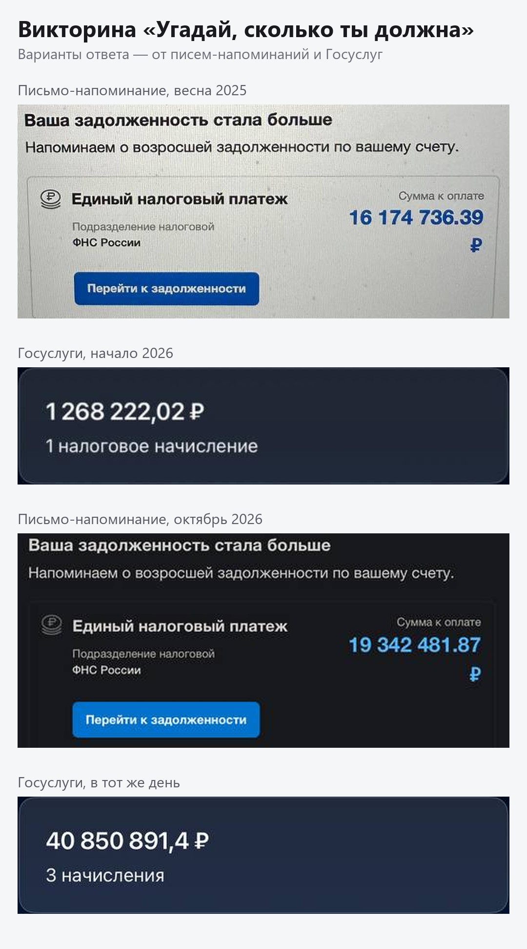 Одна и та же история, четыре разных долга