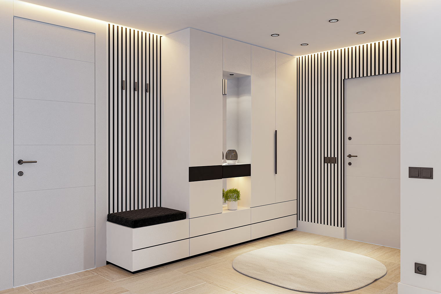 Интерьер прихожей усилили черными акцентами. А чтобы акцентные поверхности не перегрузили и не затемнили его, использовали решение с полосками. Они добавили графичности и работают на визуальное увеличение потолка, как и скрытая светодиодная подсветка. Фотография: tulcarion / iStock