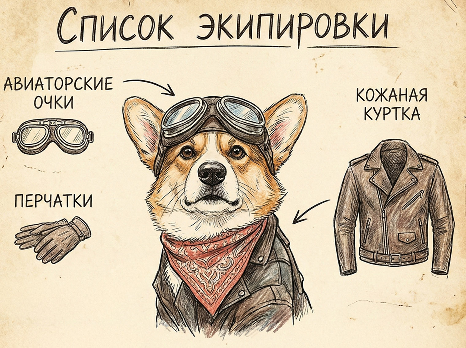 Лист с экипировкой корги-байкера