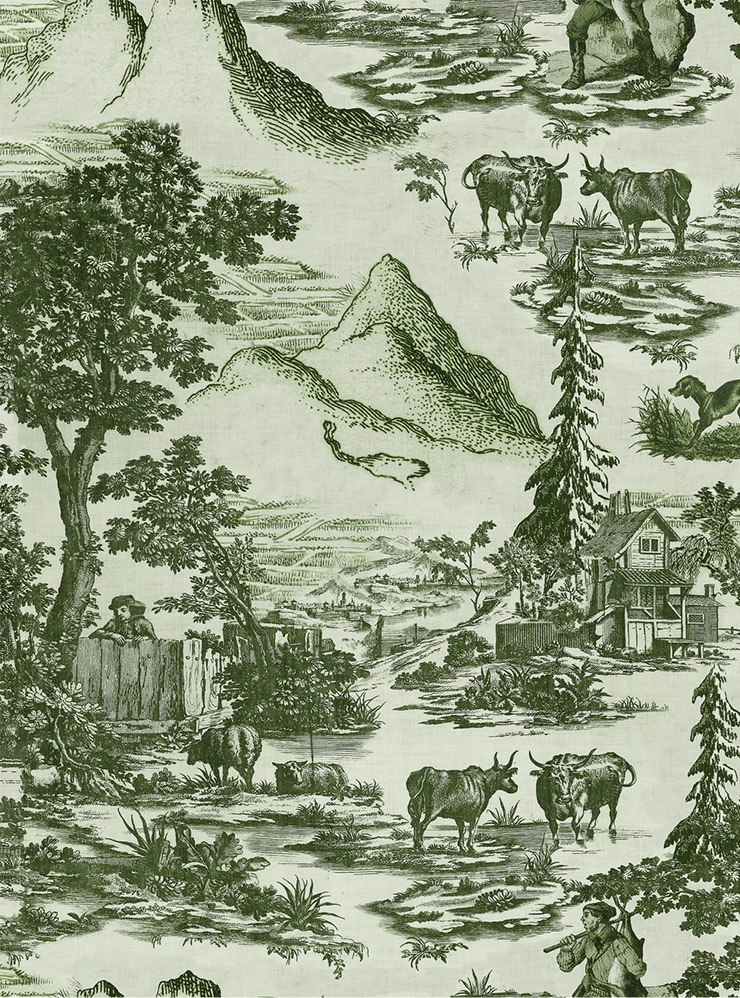 Типичная пасторальная сцена: горы, деревья, фермеры и коровы. Издалека деталей не видно, и графика образует необычную текстуру. Источник: thepattern­collective.com