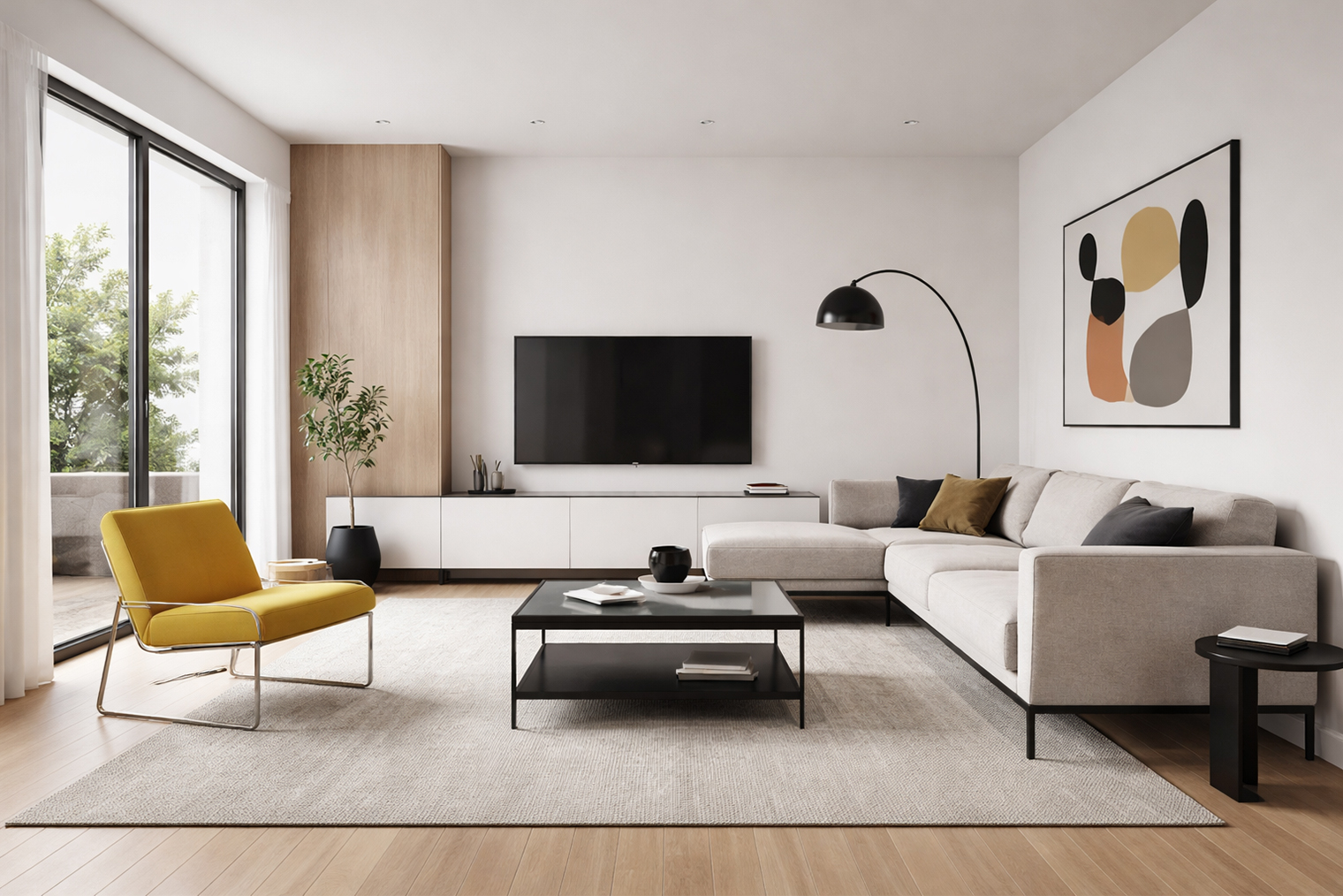 Гостиную оформили с акцентом на простые формы и функциональность и обставили мебелью четких геометричных форм на легких металлических конструкциях. Нейтральную цветовую базу дополнили одним ярким акцентом — креслом насыщенного желтого цвета. Отделка и декор сведены к минимуму: гладкие поверхности, абстрактная графика и лаконичные светильники. Большие окна и отсутствие плотного текстиля поддерживают открытость пространства. © ChatGPT
