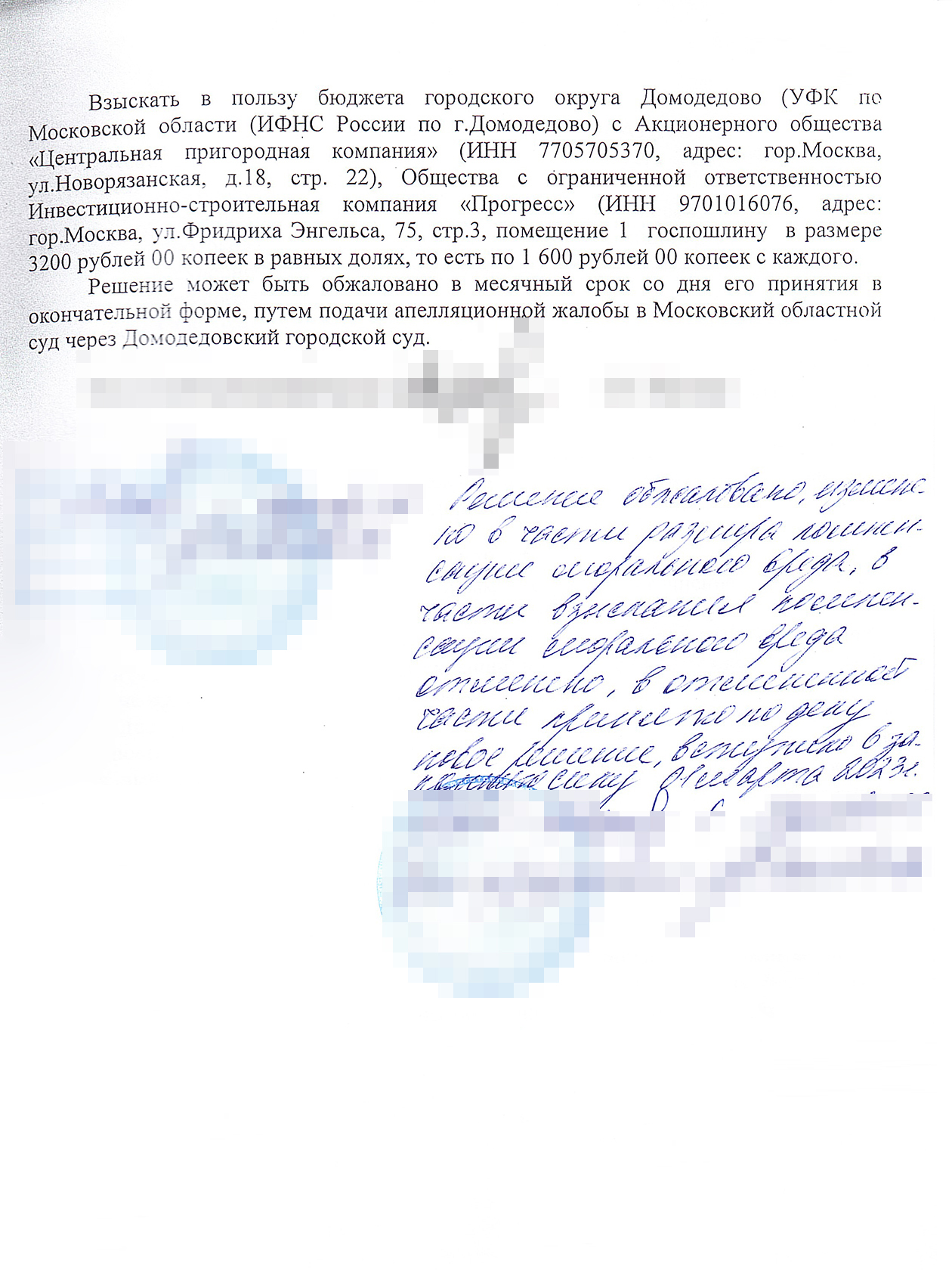 Решение Домодедовского городского суда Московской области, которым Любови присудили 100 000 ₽ компенсации