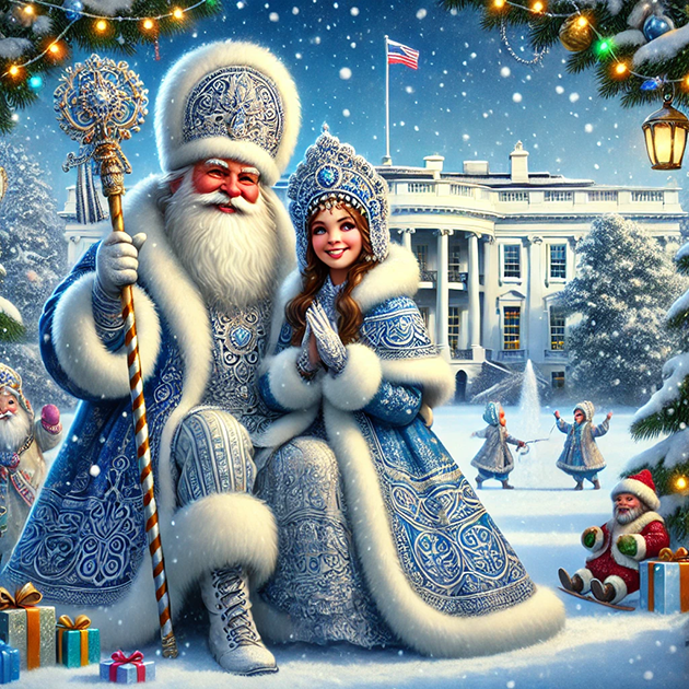 Вот что я сгенерила в ChatGPT. Промпт был такой: «Create a new year postcard with Russian Ded Moroz and Snegurochka near the White House in Washington DC»