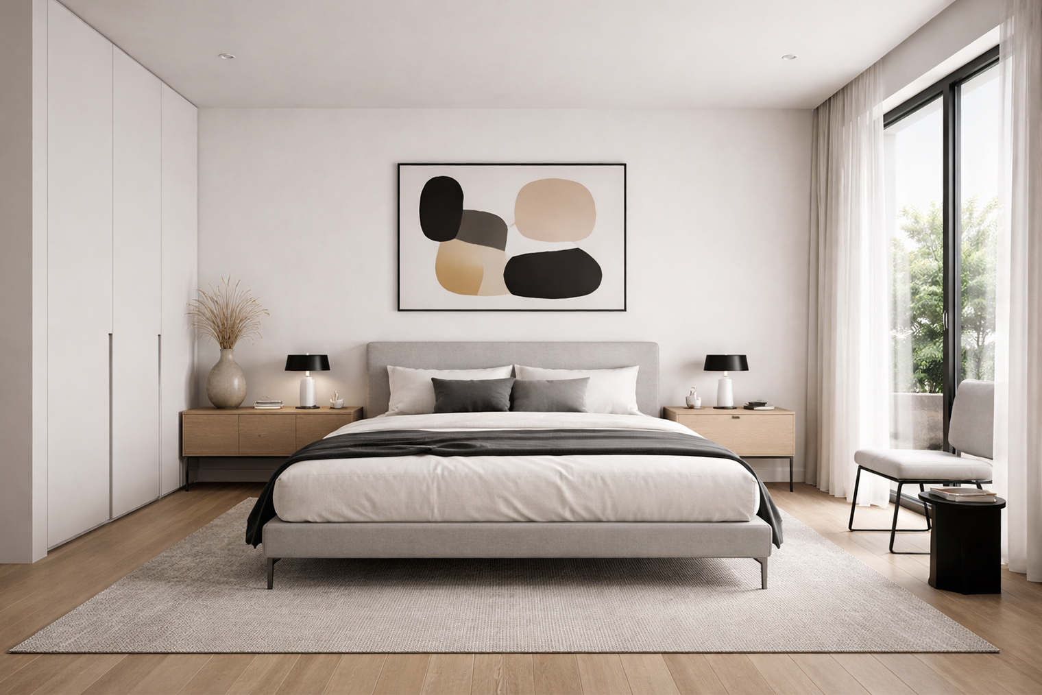 Минималистичный интерьер спальни с кроватью простых геометрических форм, прикроватными тумбами без декора, встроенными системами хранения. В комнате нейтральная палитра, минимум текстиля и много естественного света. © ChatGPT