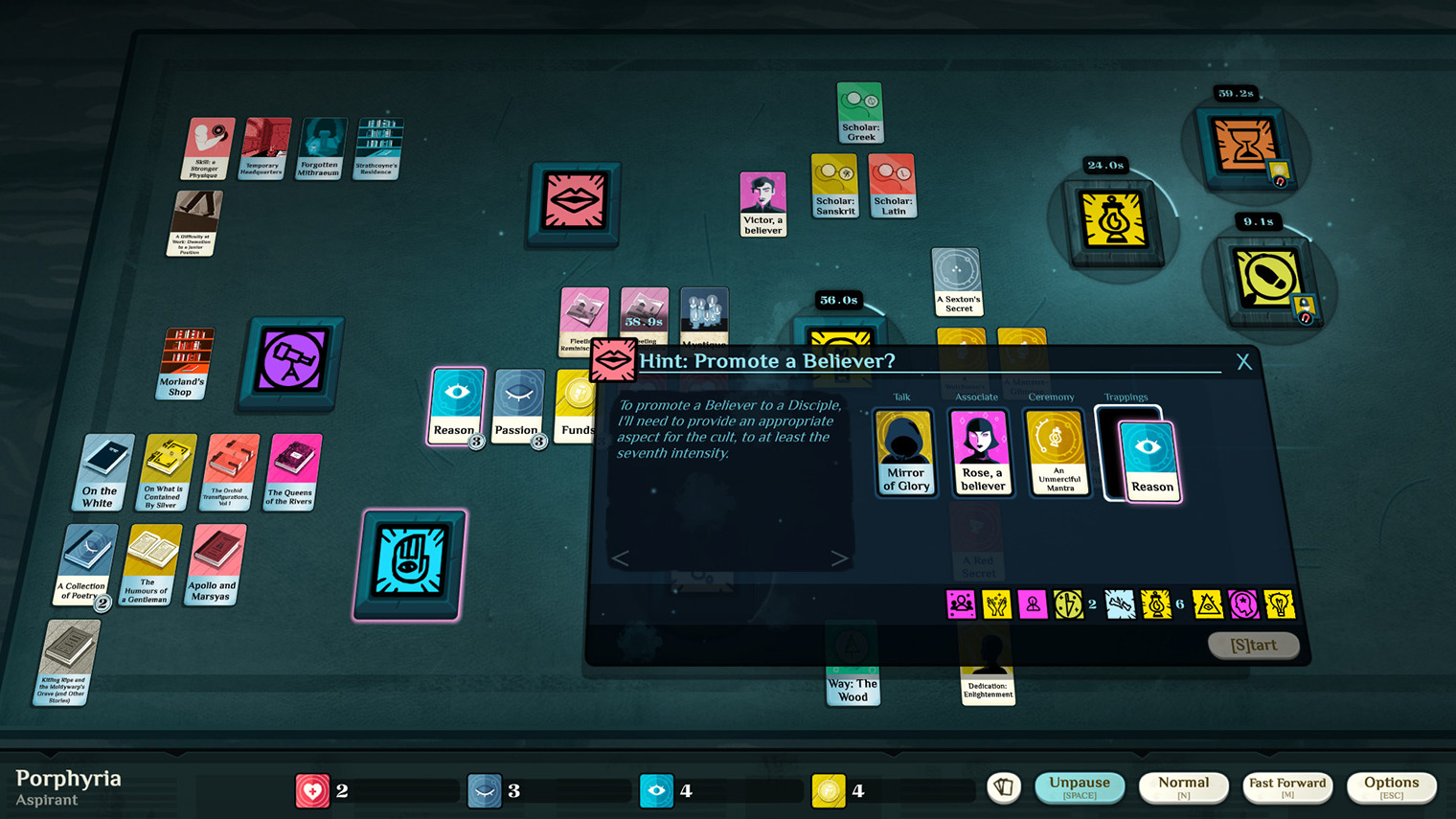 Cultist Simulator стилизована под настольную игру с карточками. Кадр: Weather Factory