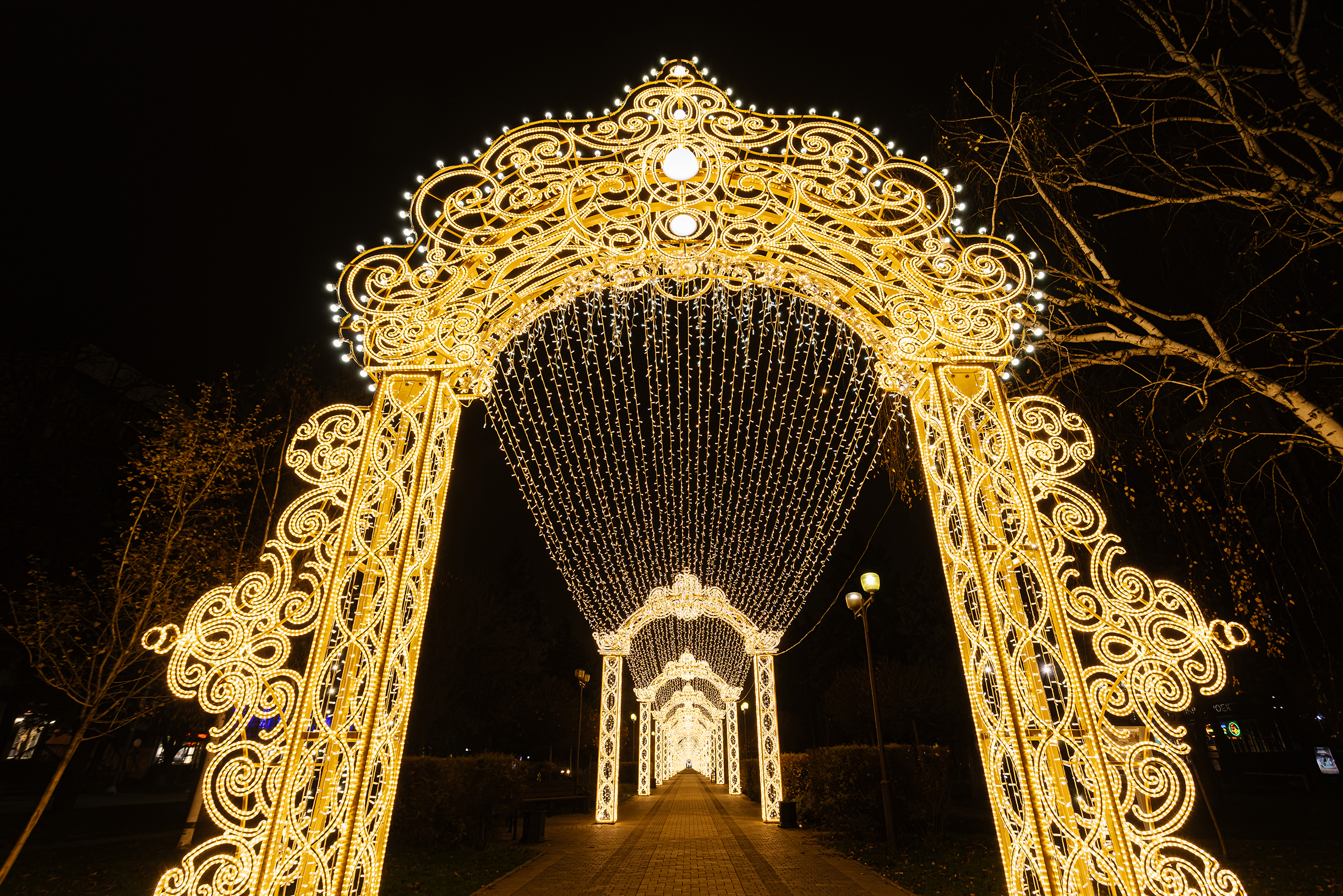 Праздничные арки появились в пешеходной зоне на улице Красной — на Александровском бульваре. У входа в первую арку кажется, что световой тоннель бесконечный. Чтобы сделать фото в темноте и без людей, надо прийти рано утром или после полуночи. Вечером там всегда многолюдно, особенно в выходные