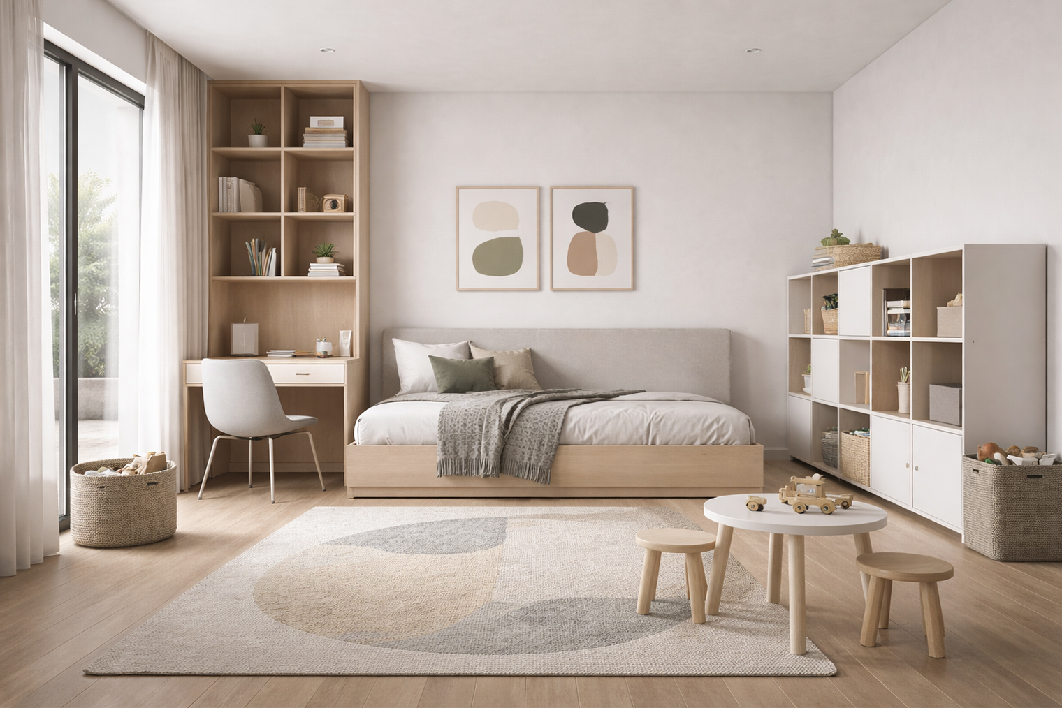 Мебель модульная: кровать, письменный стол и шкафы с минимальной отделкой. Цветовая гамма нейтральная, с небольшим акцентом на текстиле и аксессуарах. Пространство свободное, с большими окнами и естественным светом. Такая комната подойдет и для малыша, и для подростка. © ChatGPT