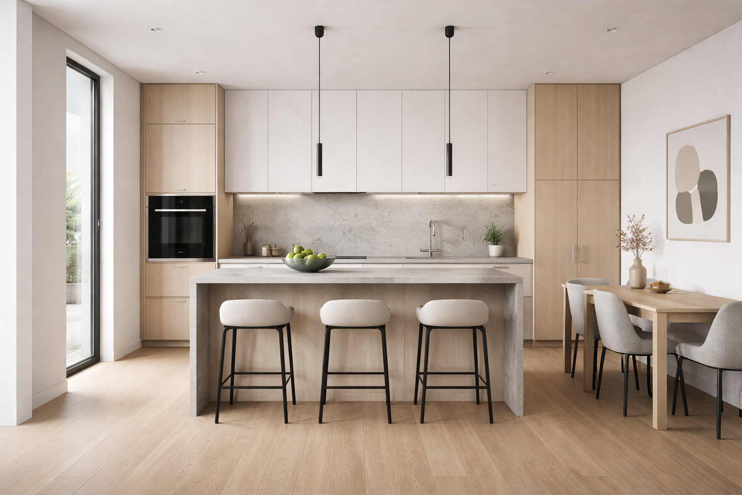 В этой кухне — встроенные шкафы с гладкими фасадами, минималистичный остров и столовая зона без лишнего декора. Цветовая гамма нейтральная, акцентные элементы сделаны из стекла и металла. Большое окно наполняет пространство естественным светом. © ChatGPT