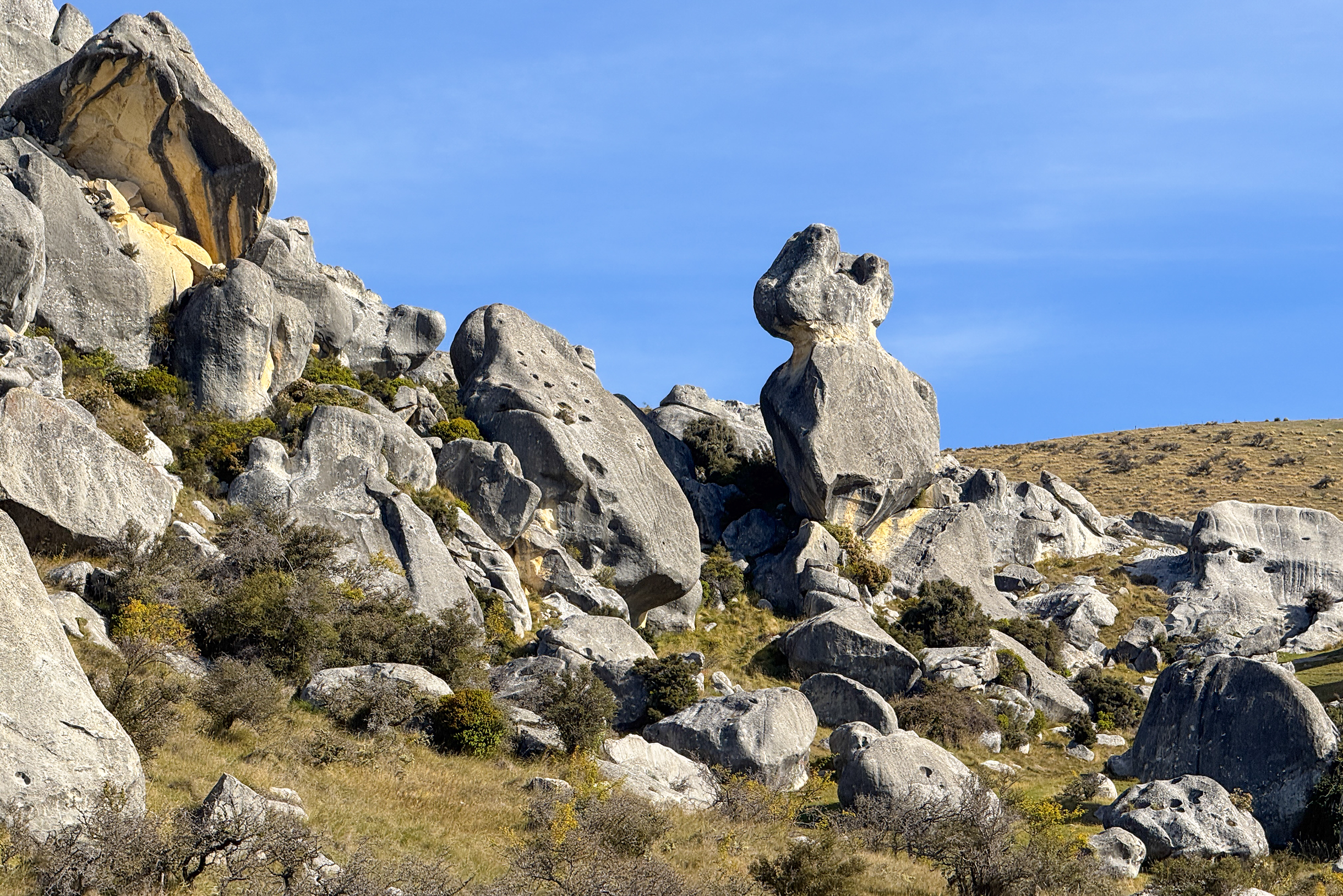 Касл-Хилл — массив известняковых валунов неподалеку от Крайстчерча. Место, где природа демонстрирует фантазию не хуже, чем у Сальвадора Дали. Огромные валуны, выточенные временем, разбросаны по зеленым холмам, словно руины древней цивилизации