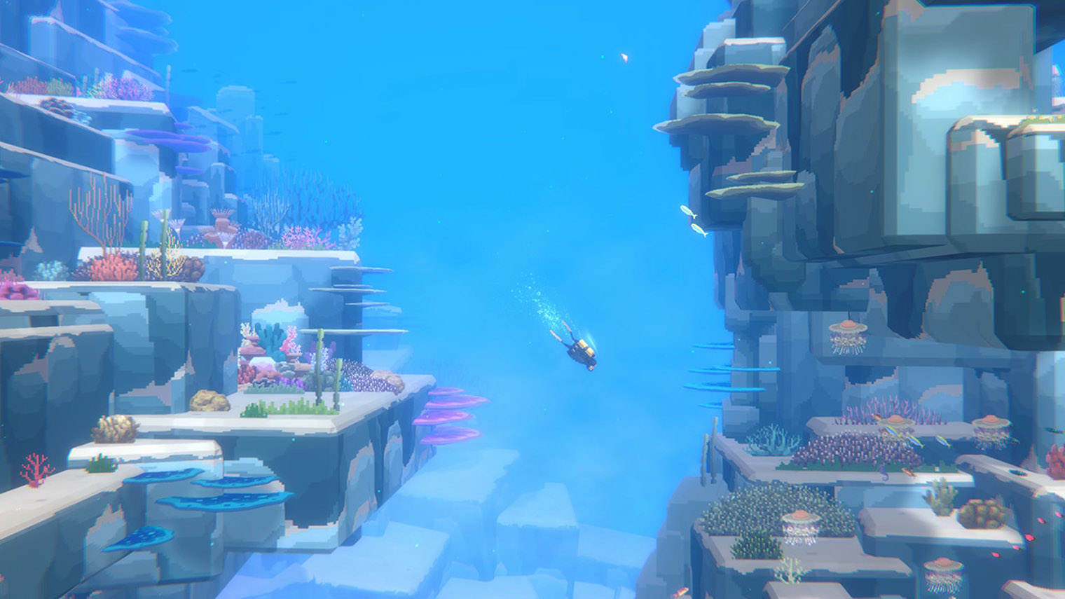 В Dave the Diver сочетаются пиксель-арт и фоны с 3D-графикой, благодаря чему морские глубины выглядят потрясающе. Кадр: MINTROCKET