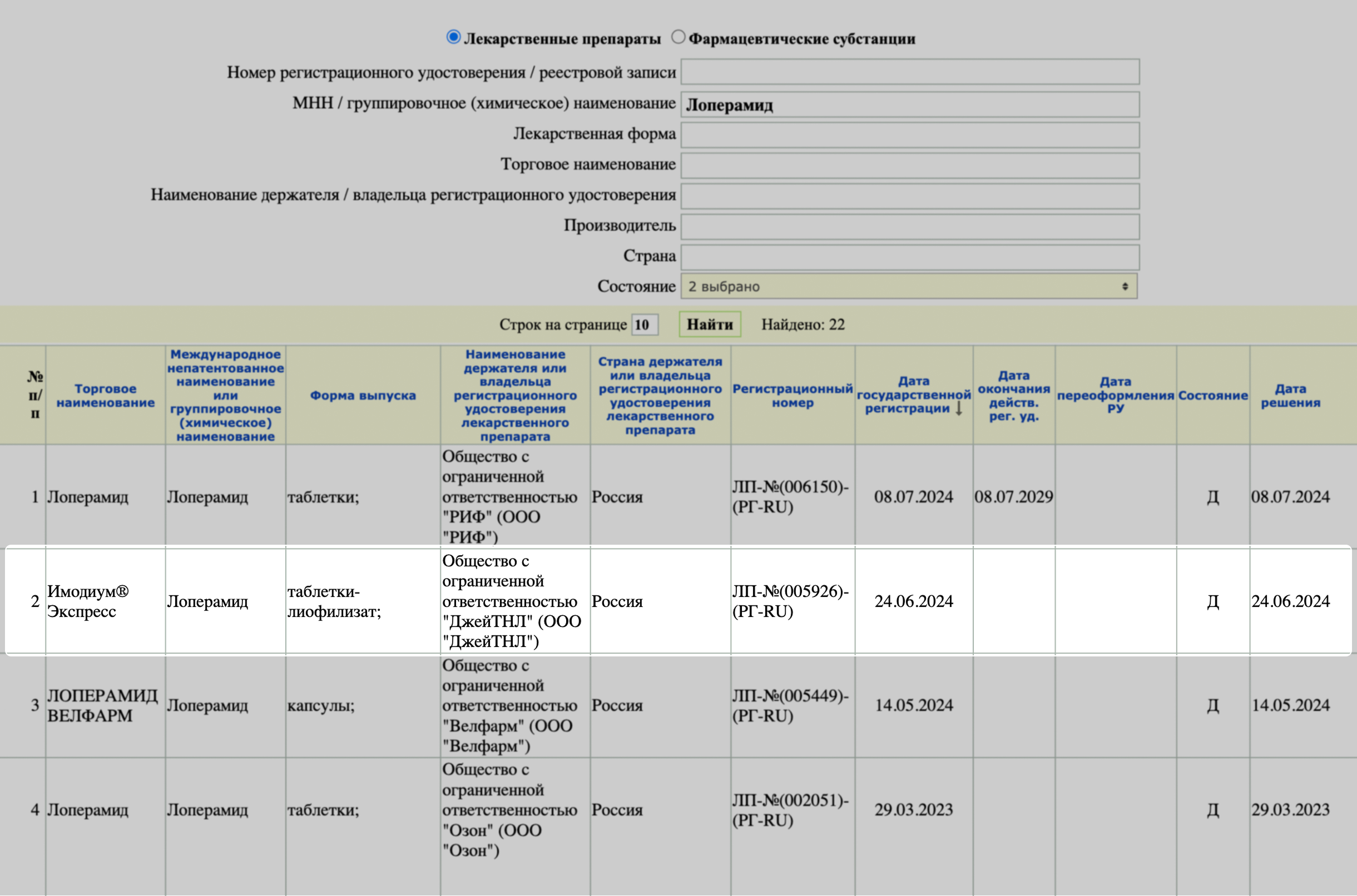 Система выдаст препараты, выпущенные разными компаниями, то есть с разными торговыми наименованиями. Нажмите на строчку с тем названием, которое вас интересует. Например, «Имодиум Экспресс»