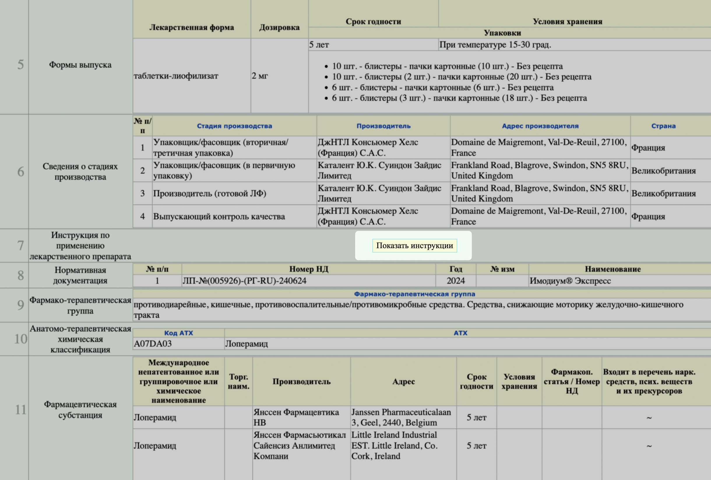 Откроется страница с регистрационным удостоверением препарата. Пролистайте вниз и увидите строку со словами «Показать инструкцию». Нажмите на них