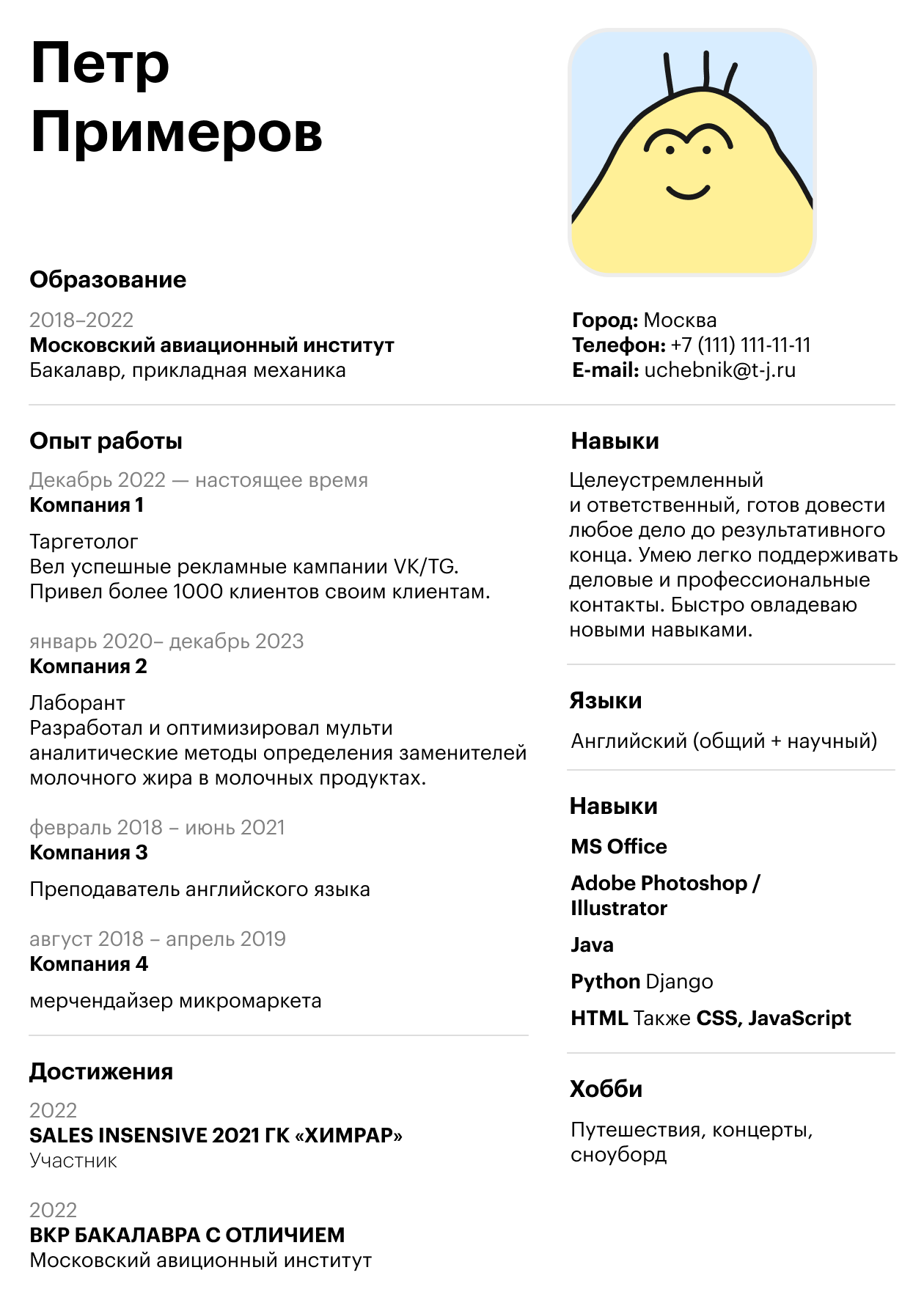 Пример резюме на одну страницу