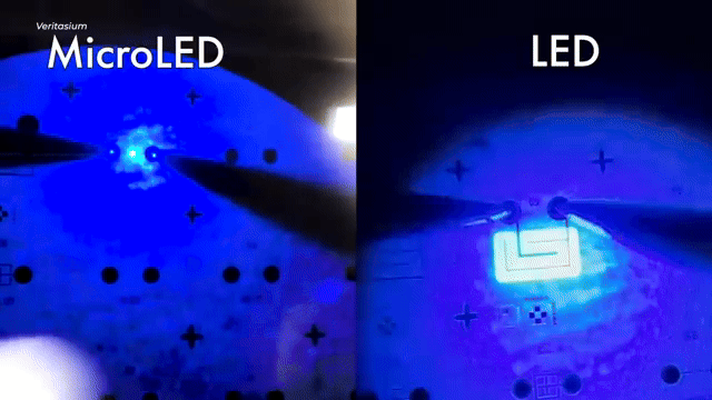 Справа — «обычный» светодиод подсветки Mini-LED, его размер — всего 0,3 мм. А слева — светодиод MicroLED. Он в 60 раз меньше. Источник: UBI Research / YouTube