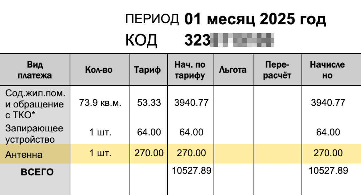 В этом ЕПД есть начисление за телевизионную антенну. Если услуга не нужна, можно от нее отказаться и сэкономить 270 ₽ в месяц