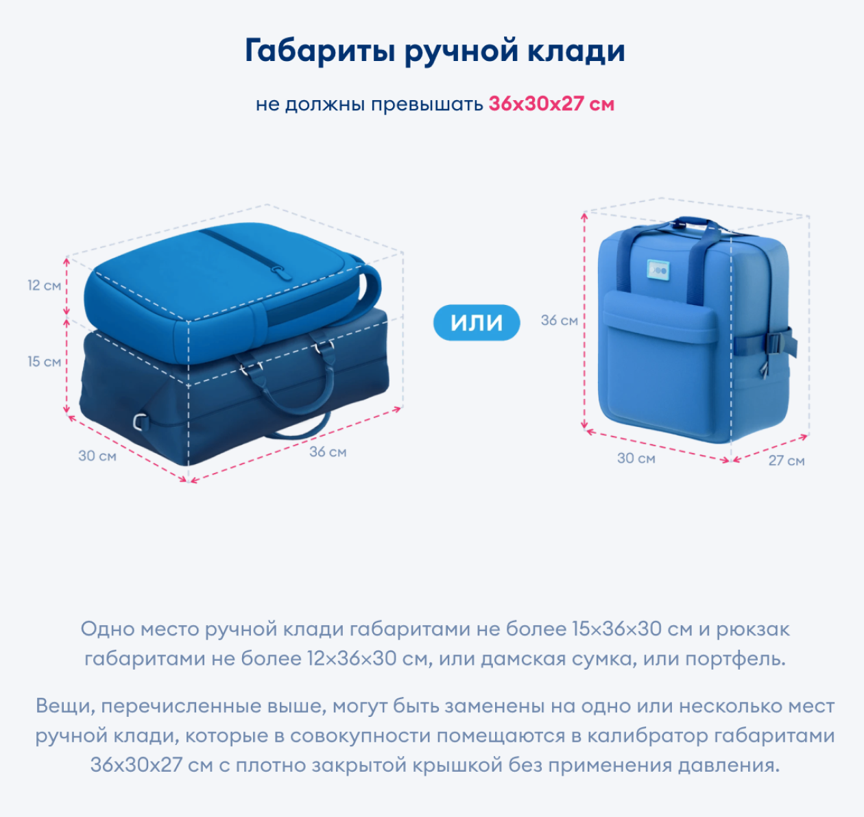 Размеры и вес багажа и ручной клади, допустимые для перевозки, надо заранее уточнять на сайте авиакомпании, которой вы летите. Например, у «Победы» жесткие условия по размерам ручной клади. © flypobeda.ru
