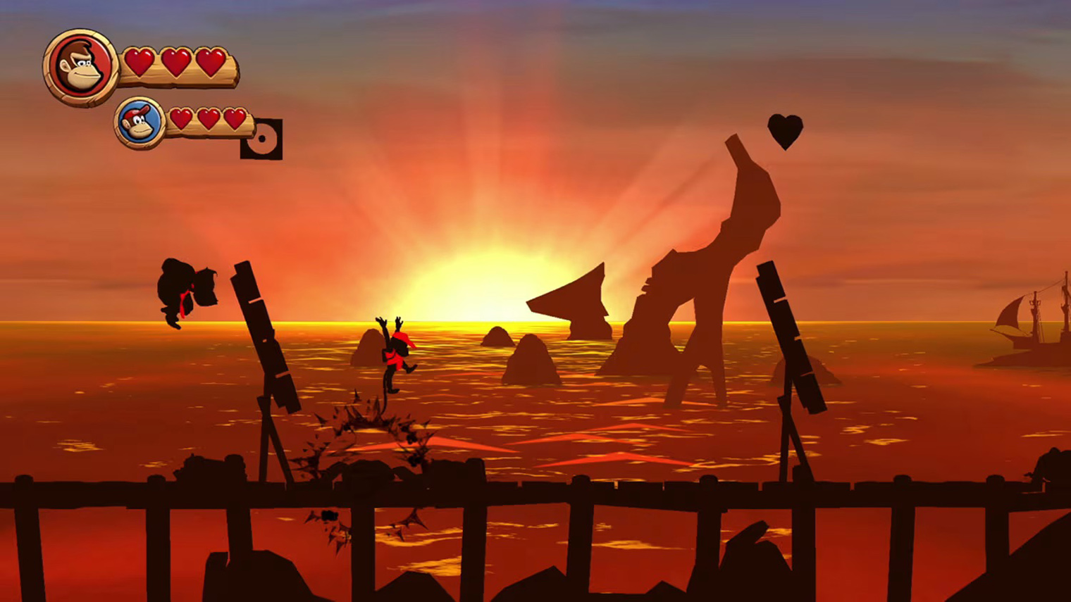 Donkey Kong Country Returns запоминается необычными уровнями. Например, здесь на закате у героев можно разглядеть только силуэты. Кадр: Nintendo