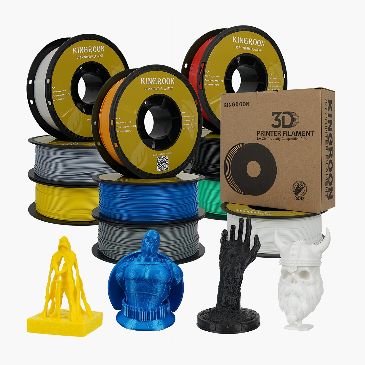 Цветной пластик продают катушками — в продаже много брендов и сортов, которые различаются как толщиной и оттенками, так и прочностью, температурой плавления и другими характеристиками. Источник: kingroon.com