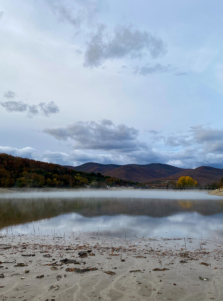 Из⁠-⁠за жары летом в октябре-ноябре озеро мелеет и отступает от кипарисов