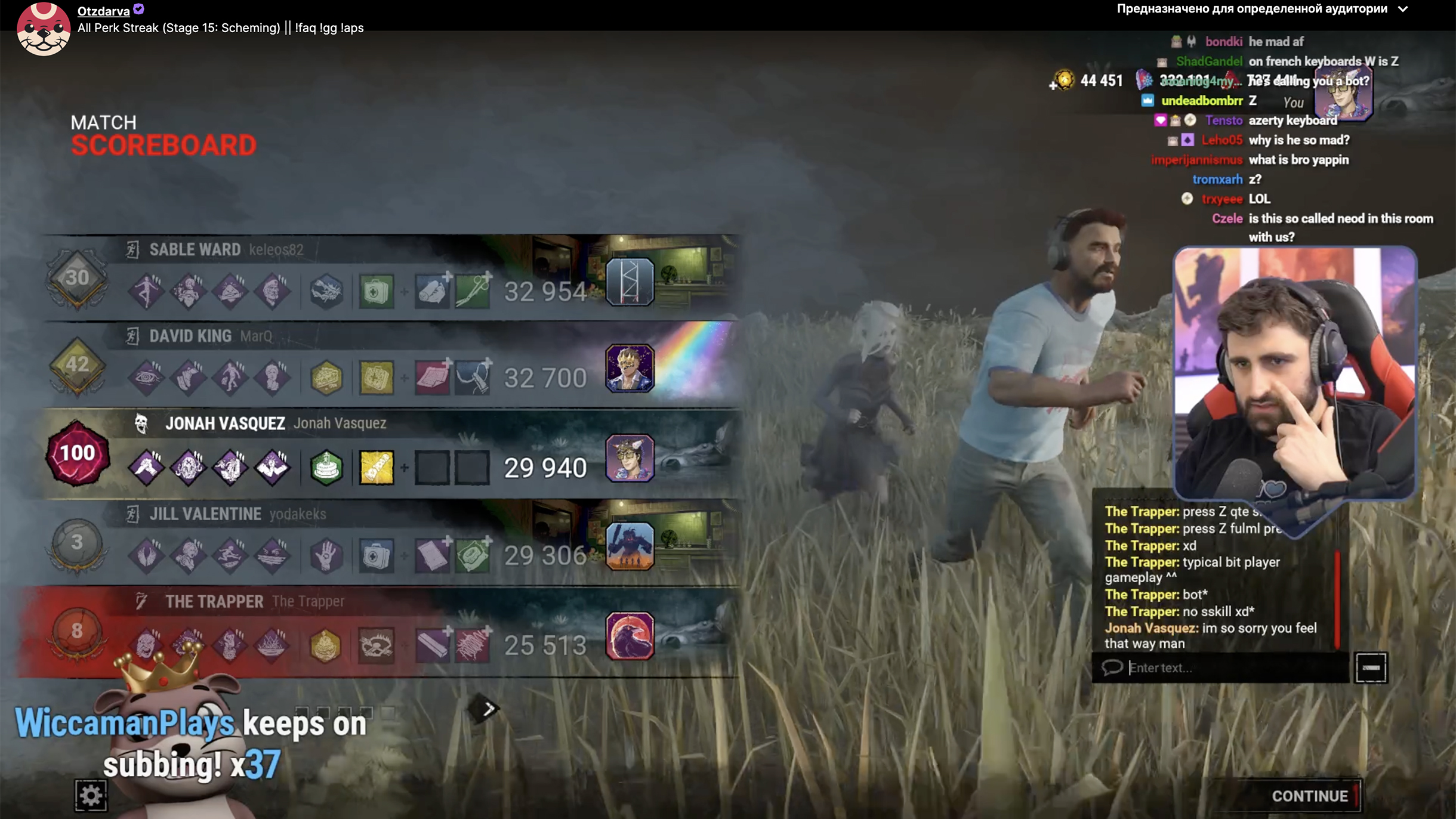 Даже тем, у кого в DbD 14 тысяч часов, пишут, что они играют, как боты. Я стараюсь писать только gg wp — good game, well played — или не писать ничего и выходить: ругаться из-за игры — это странно. Кадр: Twitch-канал Otzdarva