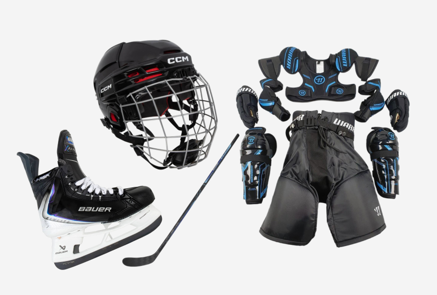 Хоккейная экипировка: коньки Bauer, клюшка CCM, защита Warrior, шлем CCM