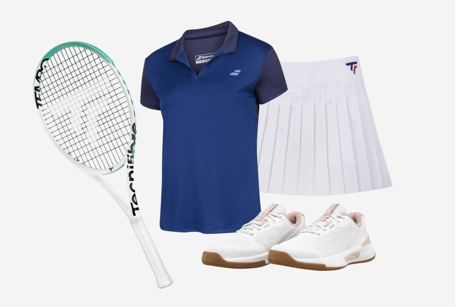 Теннисная экипировка: ракетка Tecnifibre, кроссовки Wilson, юбка Tecnifibre, футболка Babolat