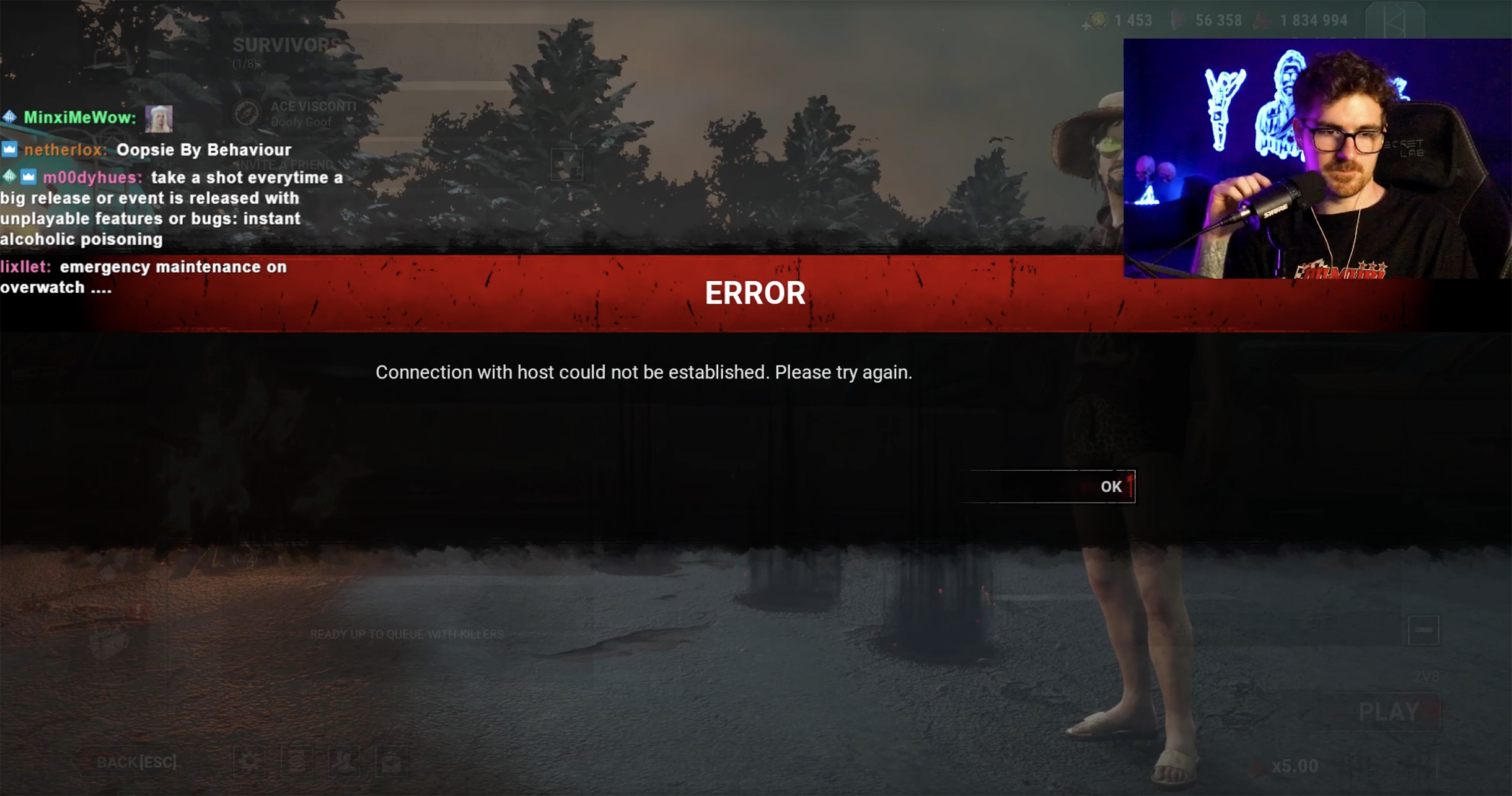 У нас появлялась такая же ошибка, когда мы пытались войти в режим «двое против восьми». Зайти в игру можно было на ПК и Xbox, только если отключить кросс-плей. Позднее этот баг устранили, а режим продлили на неделю. Кадр: Twitch-канал SpooknJukes